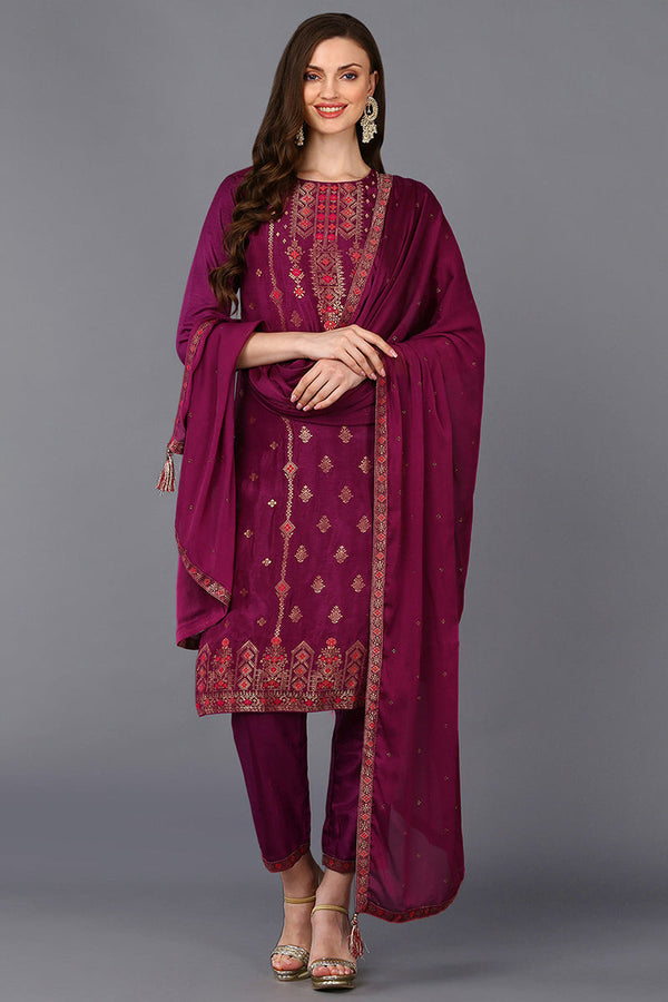 Poly Silk Maroon Embroidered Straight Suit Set | WomensfashionFun.com