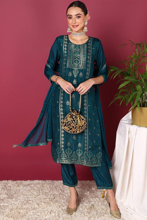 Teal Silk Blend Ethnic Motifs Woven Design Straight Suit Set | WomensfashionFun.com