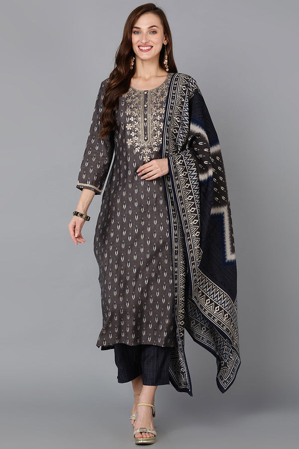 Silk Blend Grey Printed Straight Kurta Pant With Dupatta  | WomensfashionFun