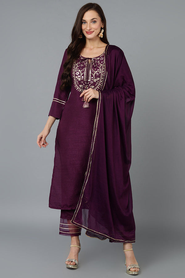 Silk Blend Purple Embroidered Straight Kurta Pant With Dupatta  | WomensfashionFun