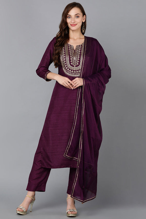 Silk Blend Purple Embroidered Straight Kurta Pant With Dupatta | WomensfashionFun.com