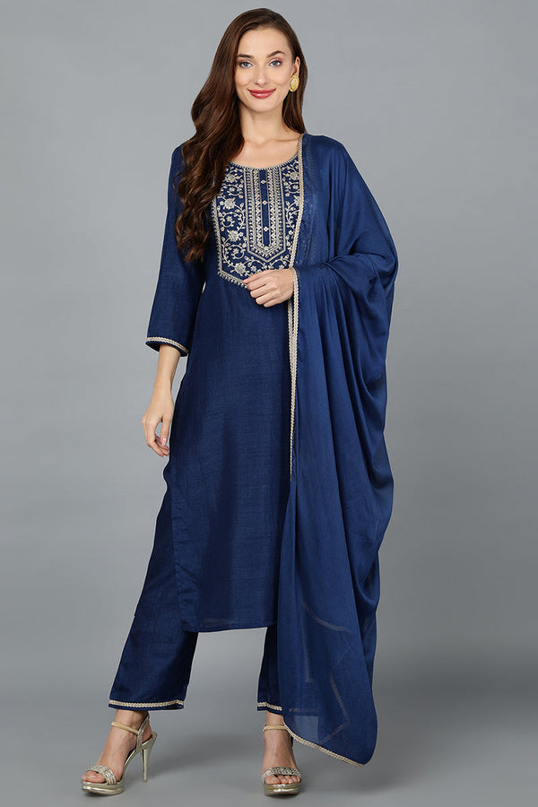 Blue Silk Blend Straight Yoke Design Kurta Pant With Dupatta | WomensfashionFun.com