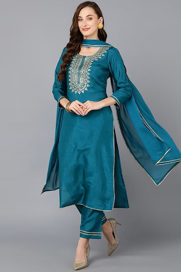 Teal Silk Blend Solid Straight Suit Set | WomensfashionFun.com