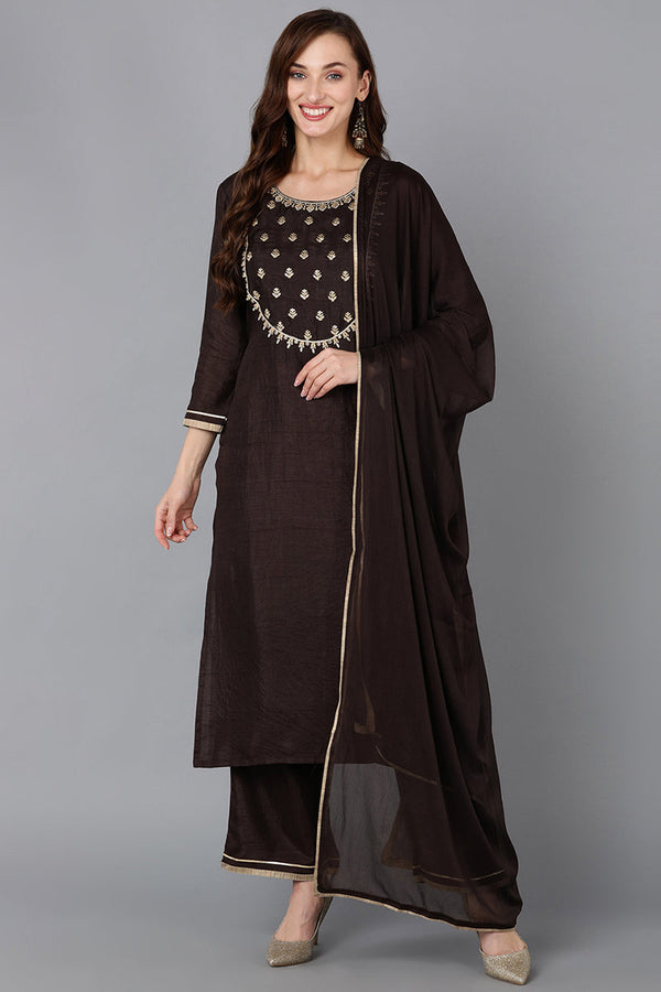 Silk Blend Black Embroidered Straight Kurta Pant With Dupatta | WomensfashionFun.com