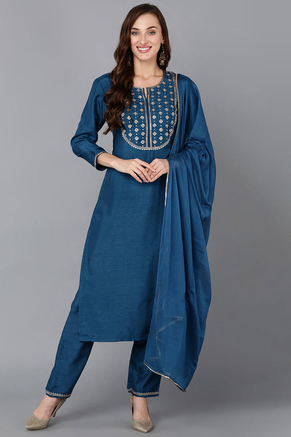 Silk Blend Blue Embroidered Straight Kurta Pant With Dupatta | WomensfashionFun.com