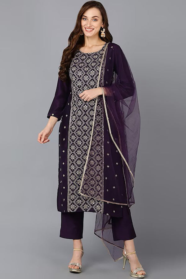 Purple Silk Blend Ethnic Motifs Straight Suit Set | WomensfashionFun.com