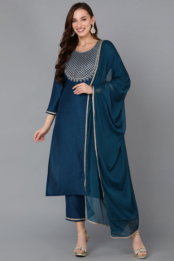 Silk Blend Teal Embroidered Straight Kurta Pant With Dupatta | WomensfashionFun.com
