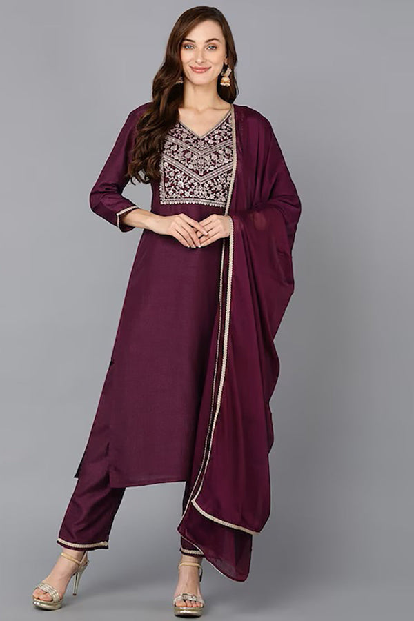 Purple Silk Blend Solid Straight Suit Set | WomensfashionFun.com