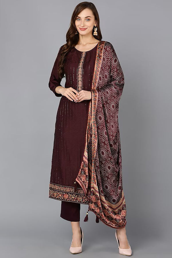 Maroon Silk Blend Ethnic Motifs Straight Suit Set | WomensfashionFun.com