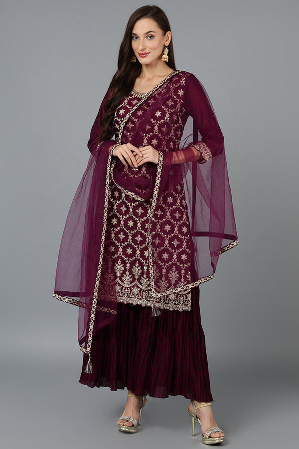 Silk Blend Purple Embroidered Straight Kurta Sharara With Dupatta | WomensfashionFun.com