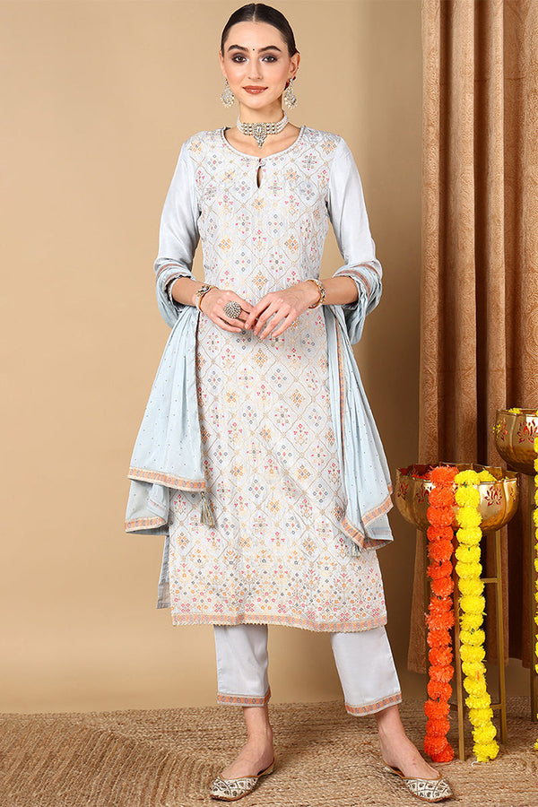 Blue Silk Blend Straight Woven Design Kurta Pant With Dupatta | WomensfashionFun
