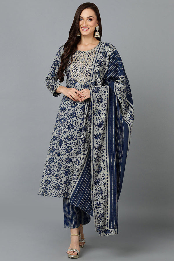 Cotton Blend Grey Straight Printed Kurta Pant With Blue Dupatta | WomensfashionFun.com