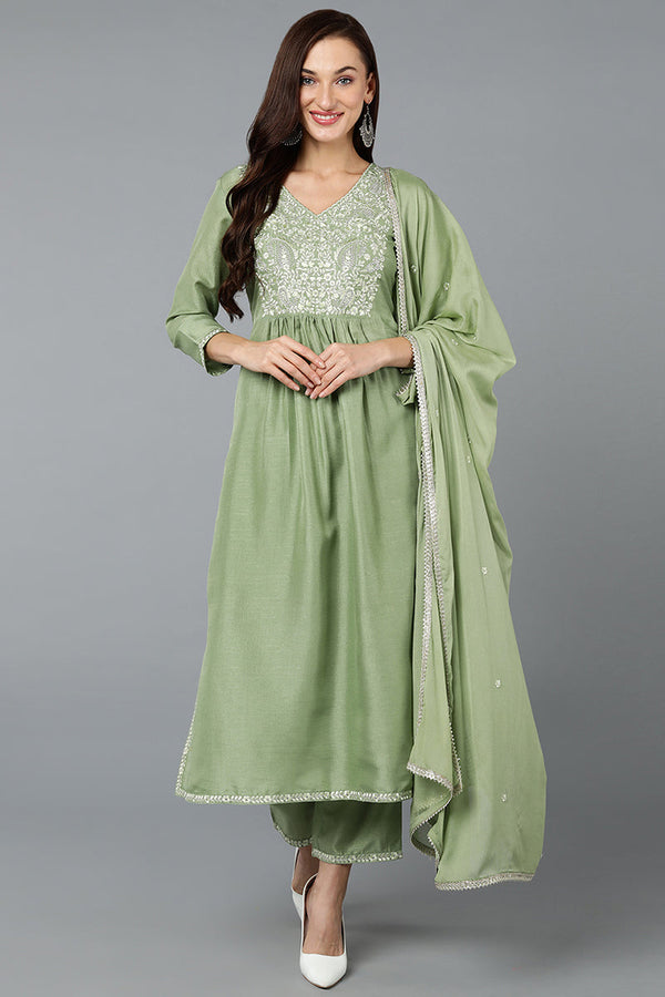 Silk Blend Sea Green Straight Kurta Pant With Dupatta  | WomensfashionFun
