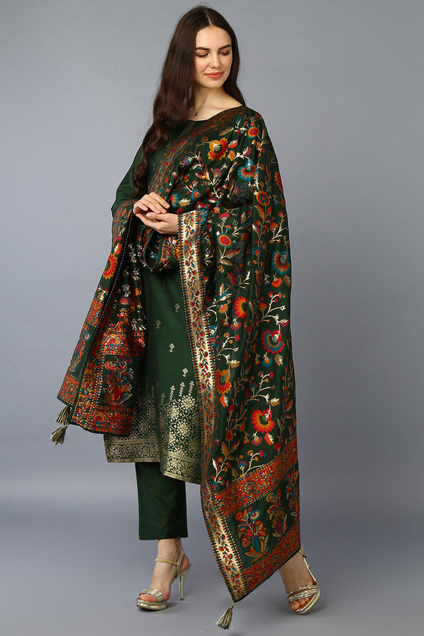 Green Silk Blend Ethnic Motifs Straight Suit Set | WomensfashionFun.com
