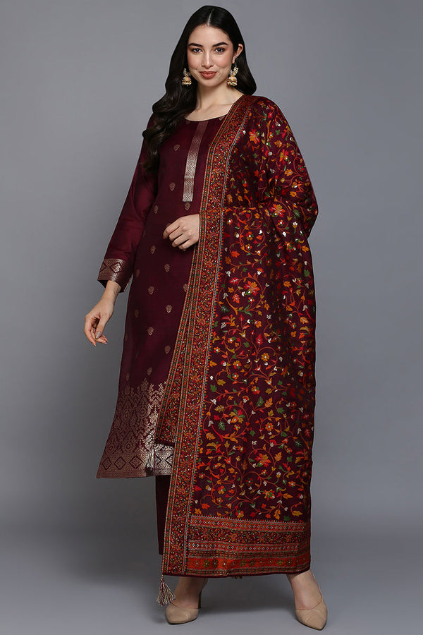 Burgundy Silk Blend Ethnic Straight Suit Set | WomensfashionFun.com