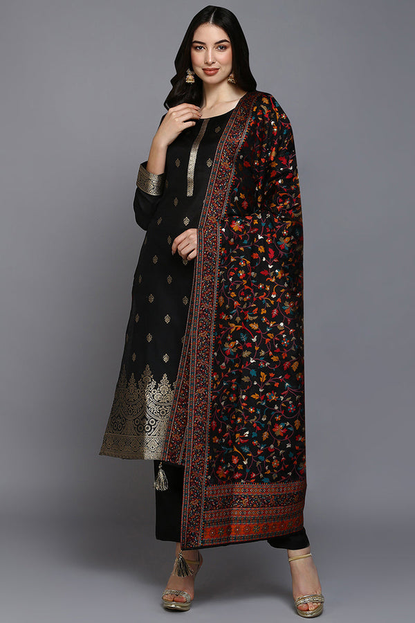Black Silk Blend Ethnic Straight Suit Set | WomensfashionFun.com