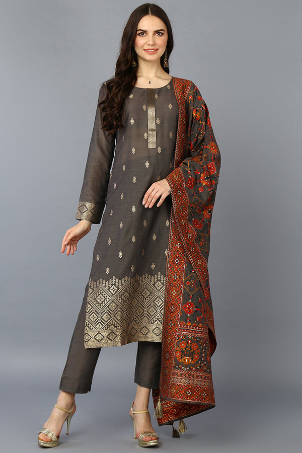 Grey Silk Blend Ethnic Motifs Straight Suit Set | WomensfashionFun.com