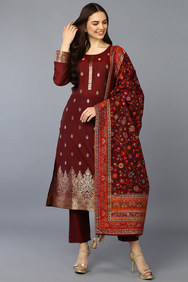 Maroon Silk Blend Ethnic Motifs Straight Suit Set | WomensfashionFun.com