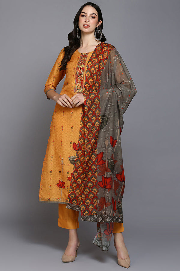Orange Silk Blend Ethnic Motifs Straight Suit Set | WomensfashionFun.com