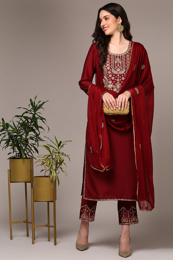 Plus Size Maroon Silk Blend Yoke Design Straight Suit Set | WomensfashionFun.com