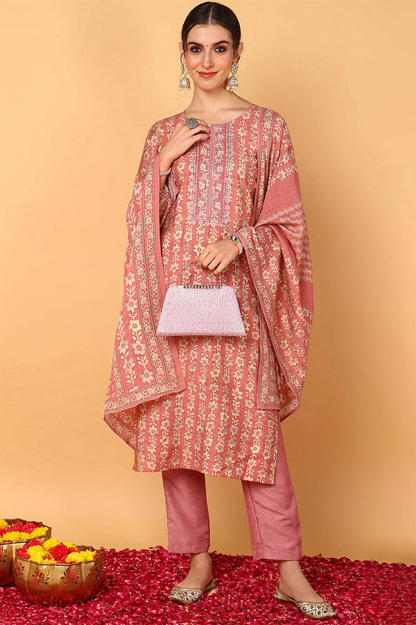 Pink Silk Blend Floral Printed Straight Style Suit Set | WomensfashionFun.com