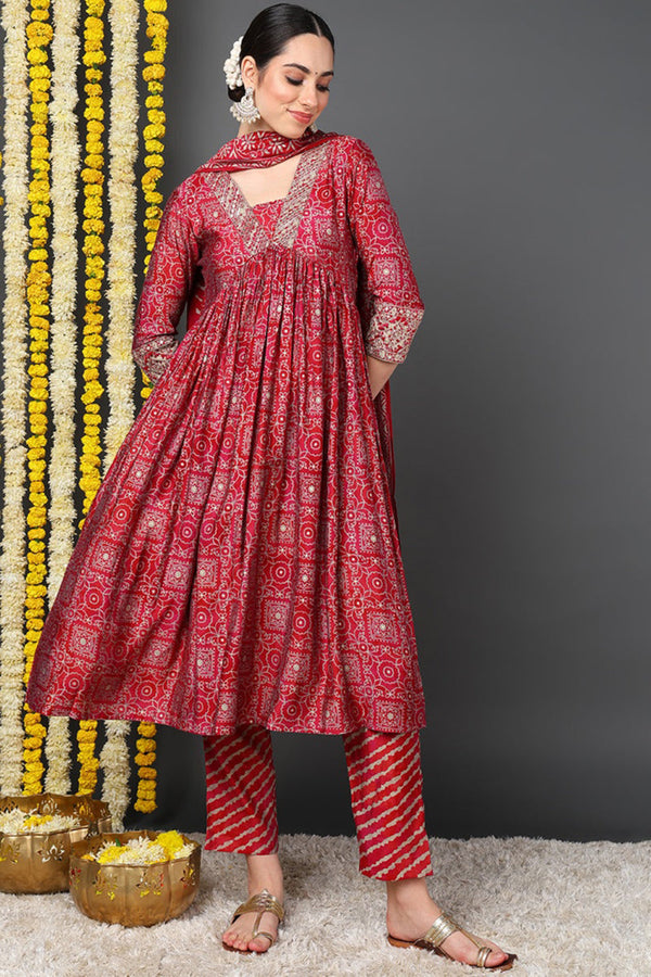 Maroon Silk Blend Ethnic Motifs Printed Flared Suit Set | WomensfashionFun.com