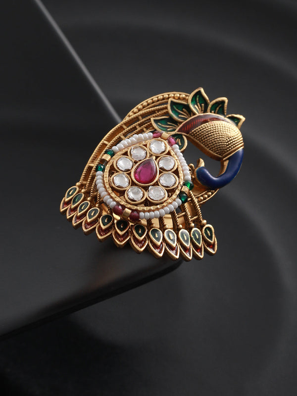 Multicolor Studded Peacock Floral Gold-Plated Ring | WOMENSFASHIONFUN
