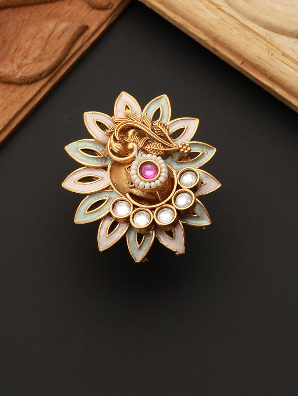 Studded Floral Meenakari Beaded Gold-Plated Adjustable Ring | WOMENSFASHIONFUN.