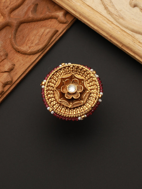 Studded Pink Flower Beaded Gold-Plated Ring | WOMENSFASHIONFUN.