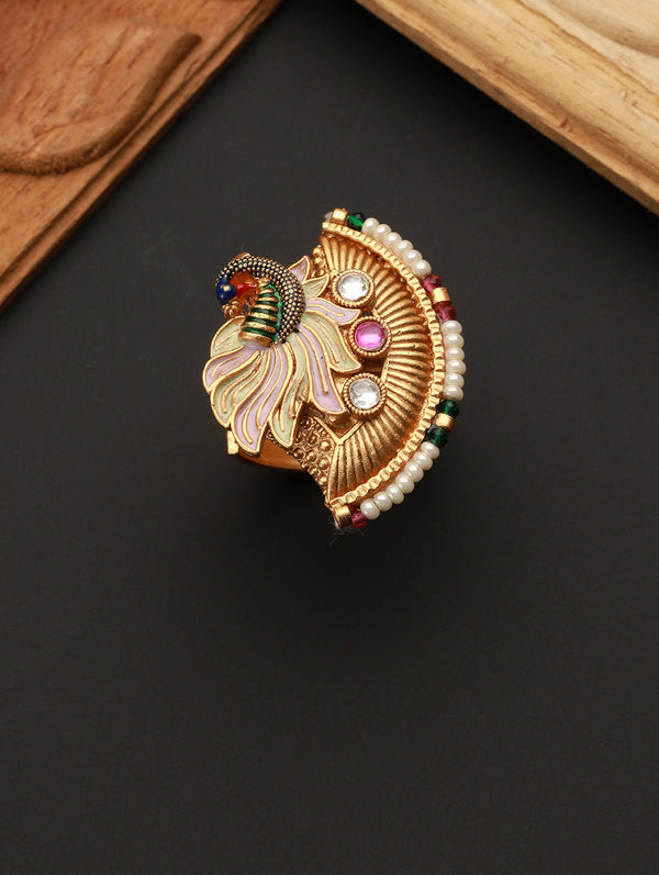 Multicolor Peacock Half-Flower Beaded Gold-Plated Ring | WOMENSFASHIONFUN.