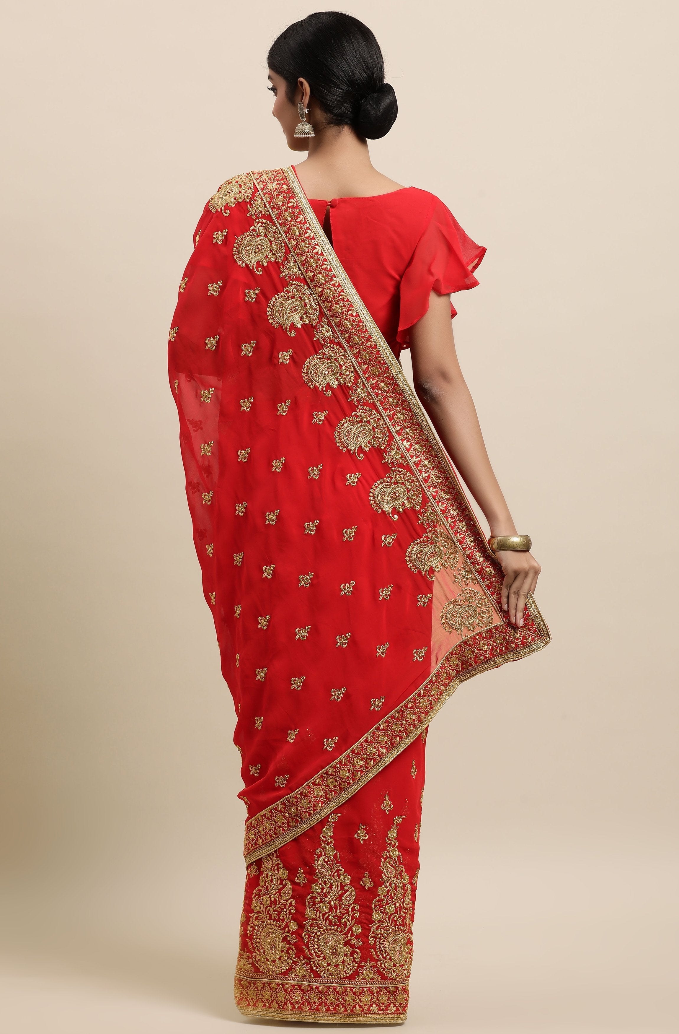 Red Poly Georgette Embellished Saree With Blouse Piece