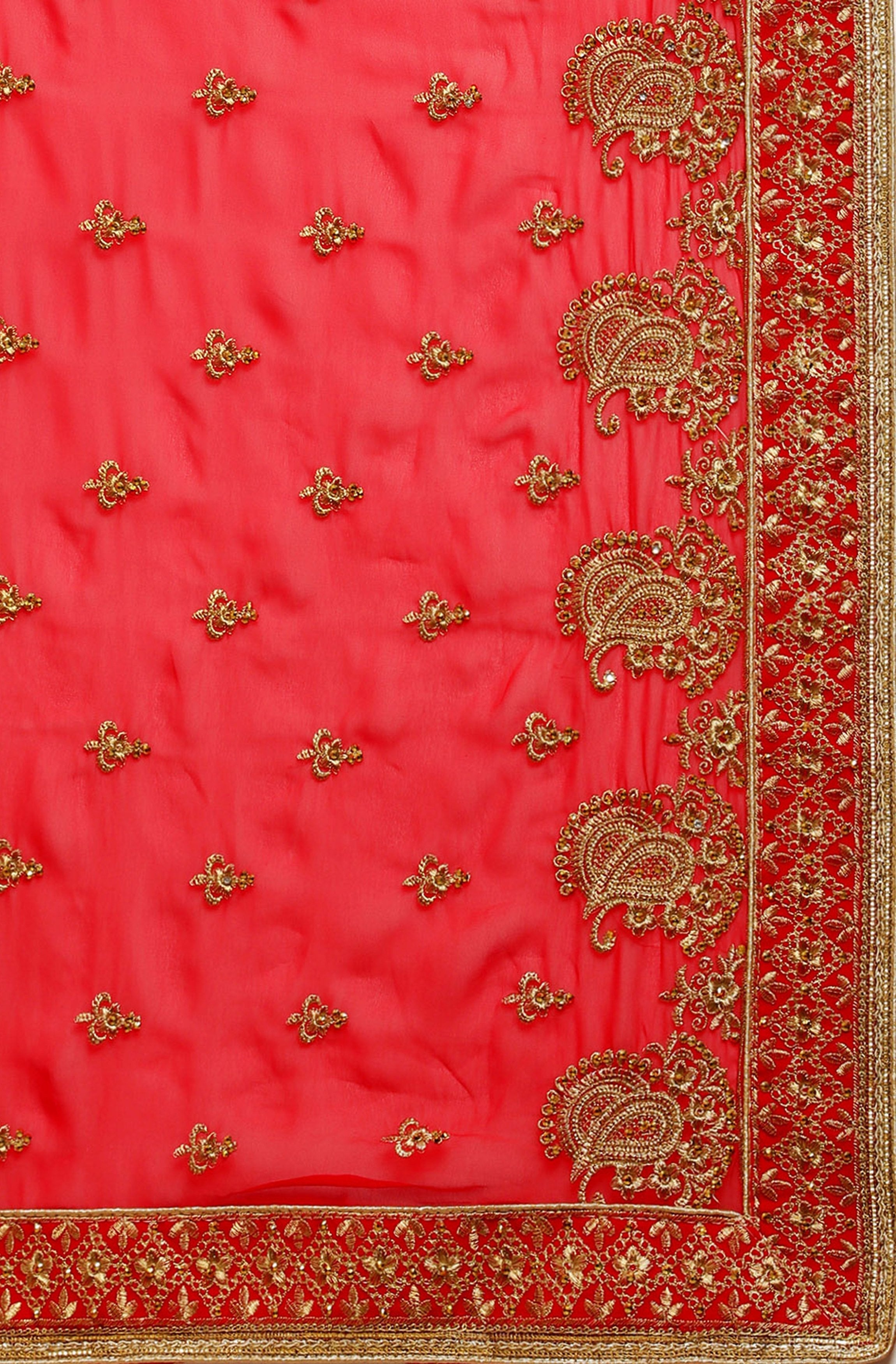 Red Poly Georgette Embellished Saree With Blouse Piece