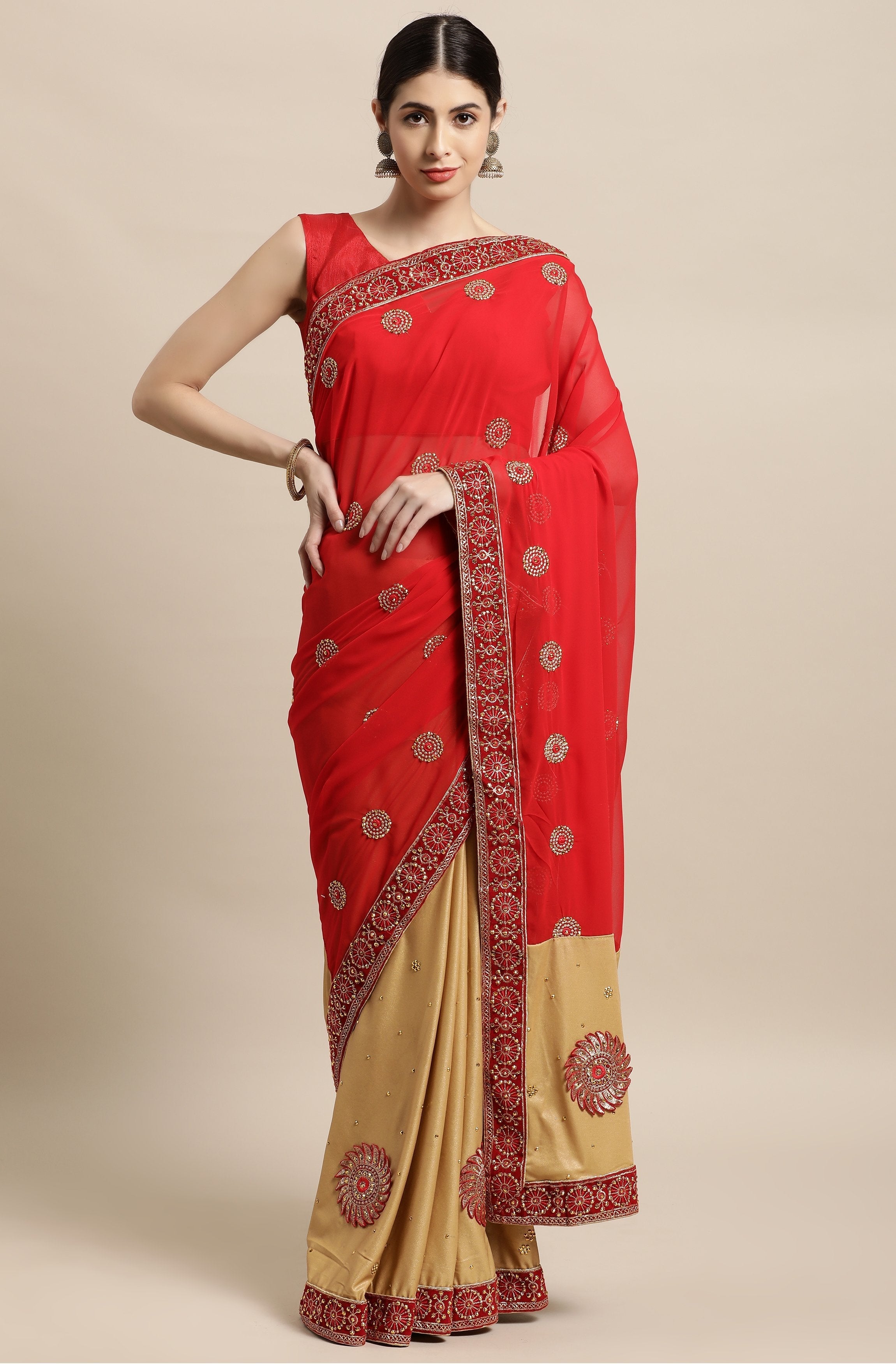 Beige Lycra Embellished Saree With Blouse Piece