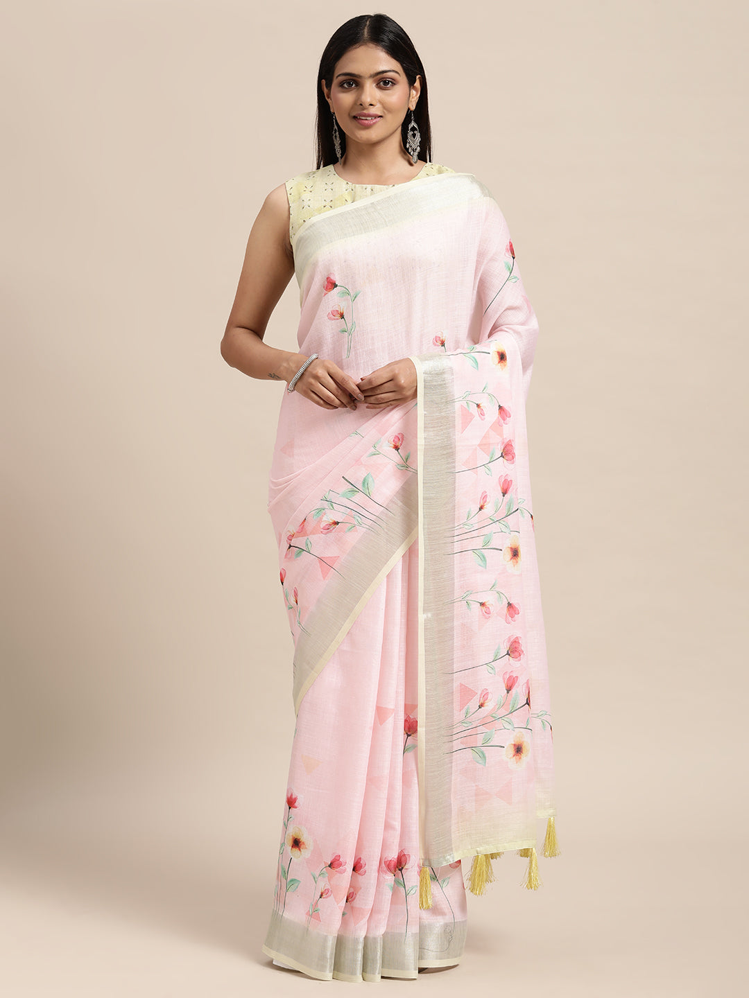 Pink Linen Blend Printed Saree With Blouse Piece