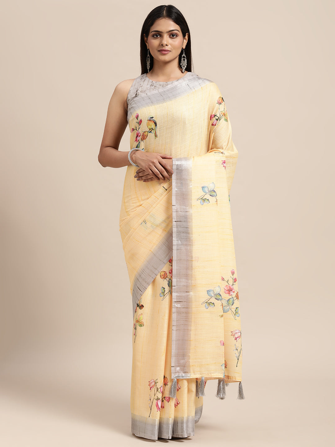 Yellow Linen Blend Printed Saree With Blouse Piece