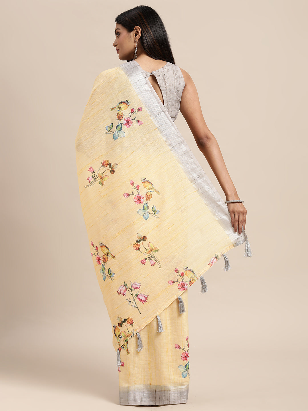 Yellow Linen Blend Printed Saree With Blouse Piece