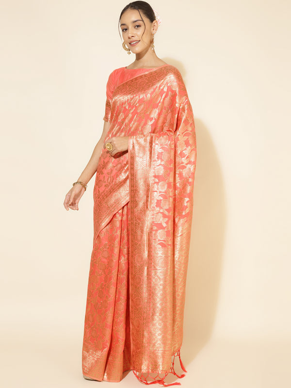 Women Peach Chanderi Silk Woven Design Saree | WomenFashionFun