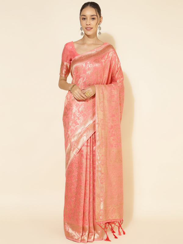 Women Peach Chanderi Silk Woven Design Saree | WomenFashionFun