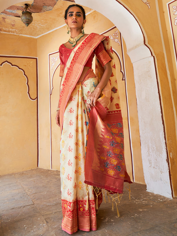 Buy Women Beige Cotton Silk Woven Design Saree Online @ WomensFashionFun