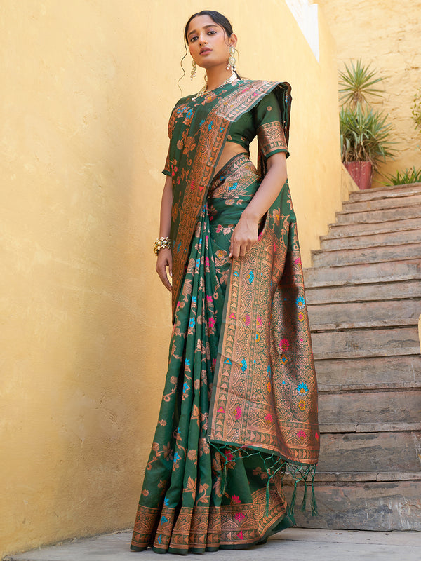 Buy Women Green Banarasi Silk Woven Dual Tone Floral Design Saree Online @ WomensFashionFun