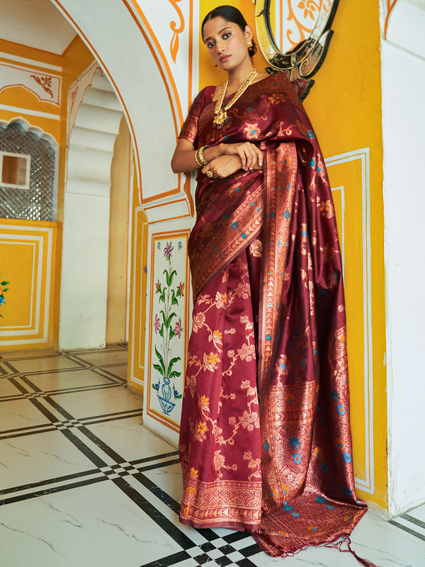 Buy Women Maroon Banarasi Silk Woven Dual Tone Floral Design Saree Online @ WomensFashionFun