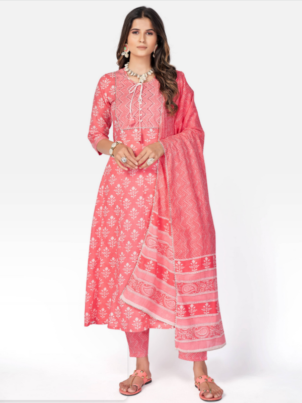 Women Pink Anarkali Cotton Kurta with Pant & Dupatta (3pcs Set) | WomensFashionFun