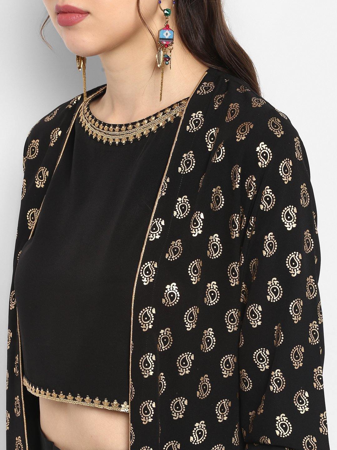 Black Poly Crepe Top With Palazzo And Jacket