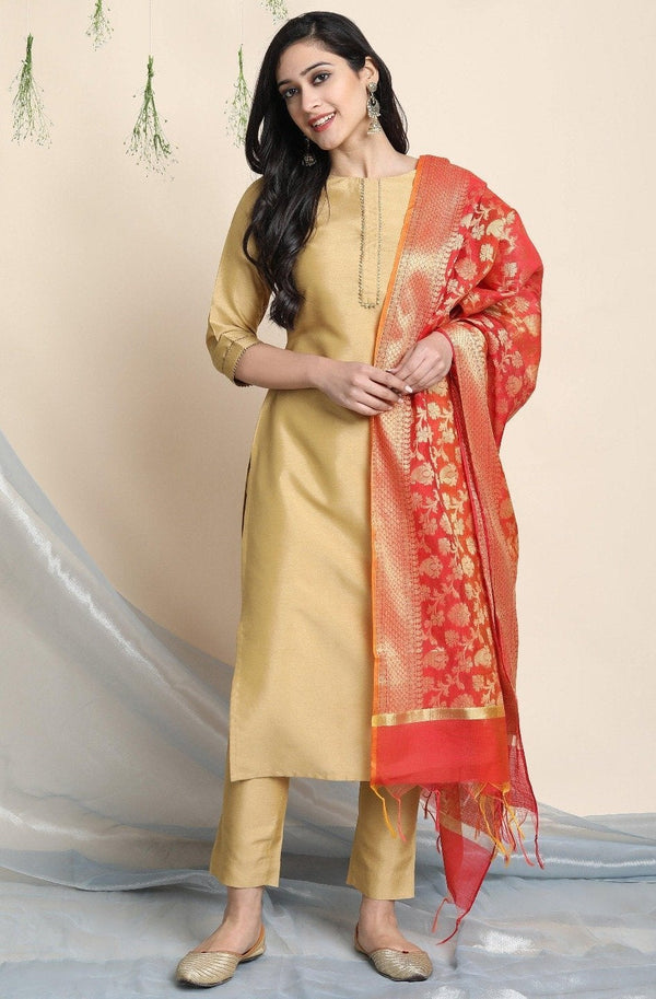 Women's Gold Poly Silk Kurta With Pant And Dupatta | WomensFashionFun