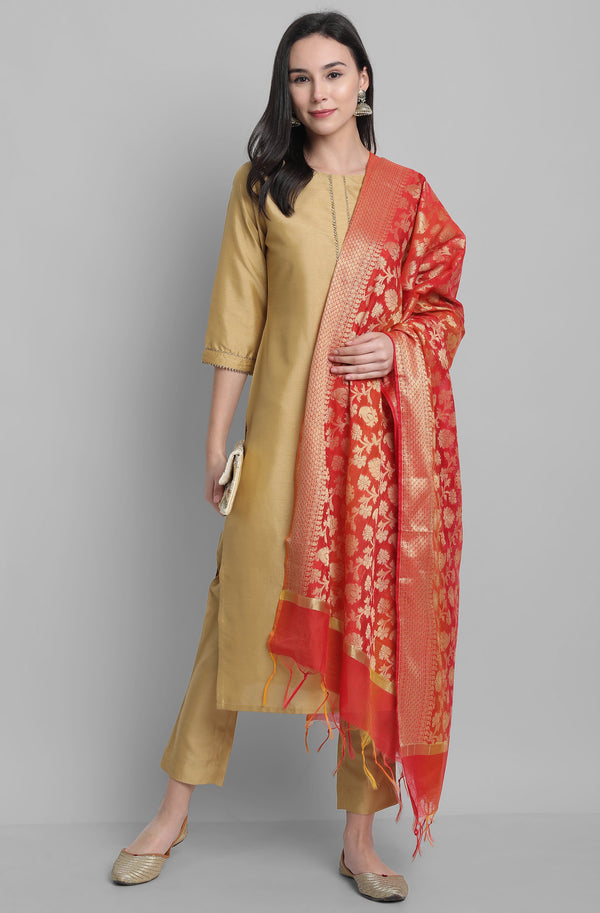 Women's Gold Poly Silk Straight Kurta with Pant And Dupatta | WomensFashionFun