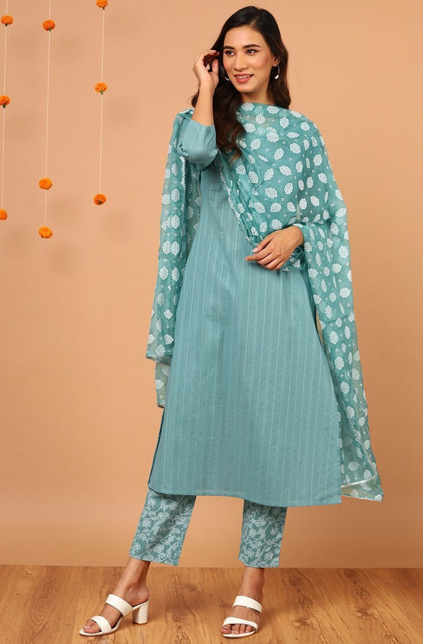 Women's Turquoise Cotton Kurta With Pant And Dupatta | WomensFashionFun