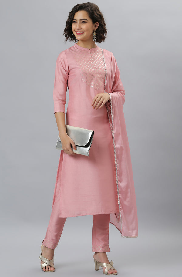 Women's Pink Poly Silk Straight Kurta with Pant And Dupatta | WomensFashionFun