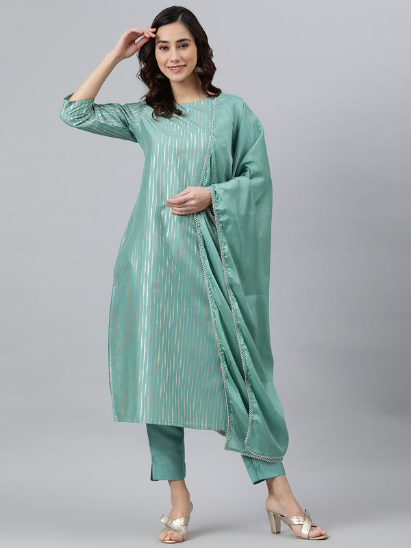 Women's Green Poly Silk Straight Kurta with Pant And Dupatta | WomensFashionFun
