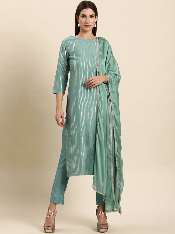 Green Poly Silk Kurta With Pant And Dupatta | WomensFashionFun