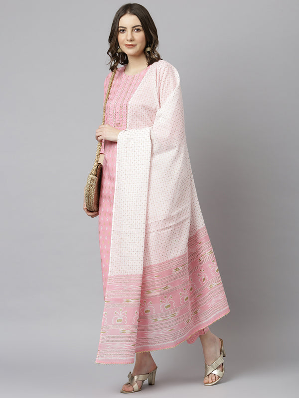 Women's Light Pink Cotton Straight Kurta with Pant And Dupatta | WomensFashionFun